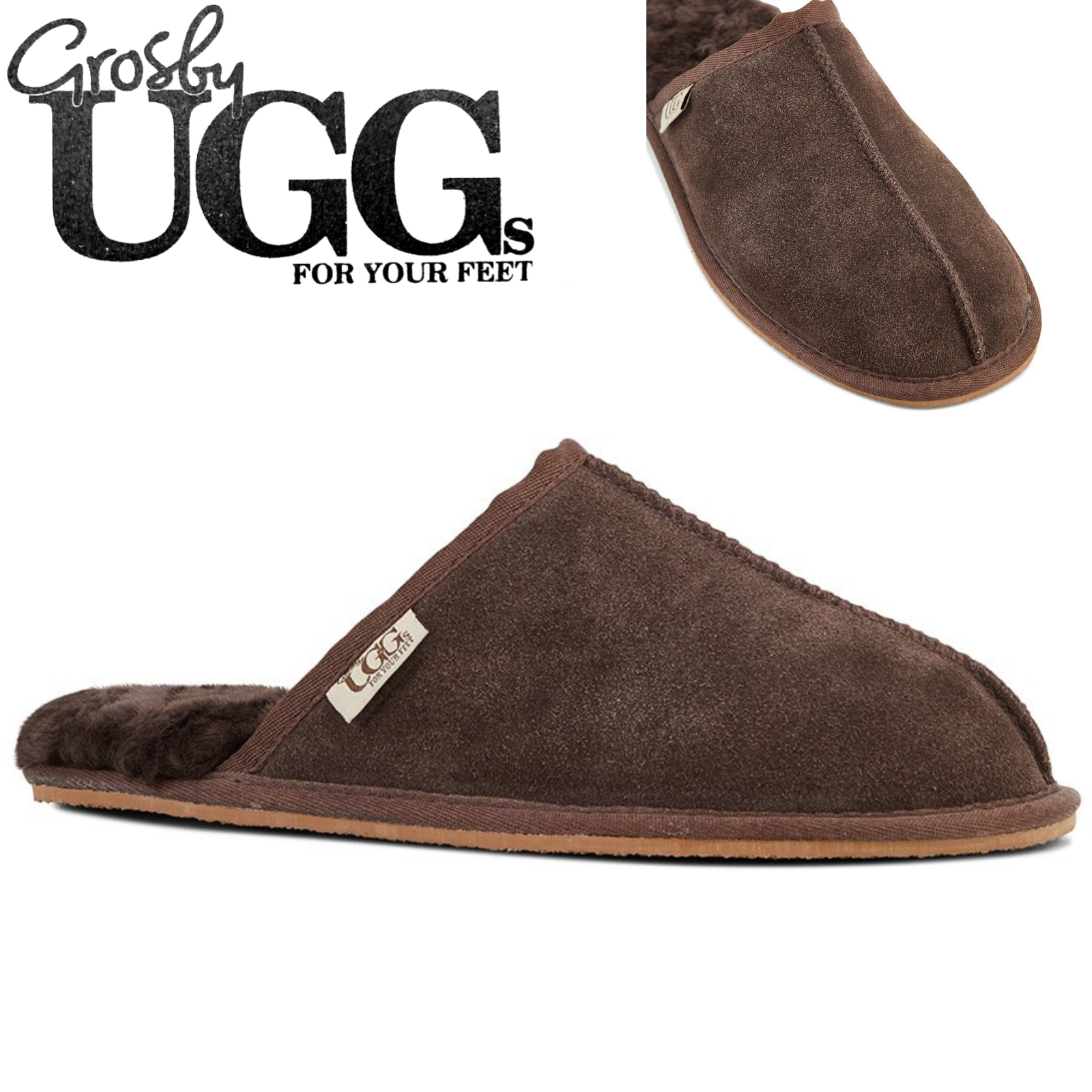 GROSBY Buck UGG Mens Sheepskin Slippers Scuff Slip On Leather Moccasins-1
