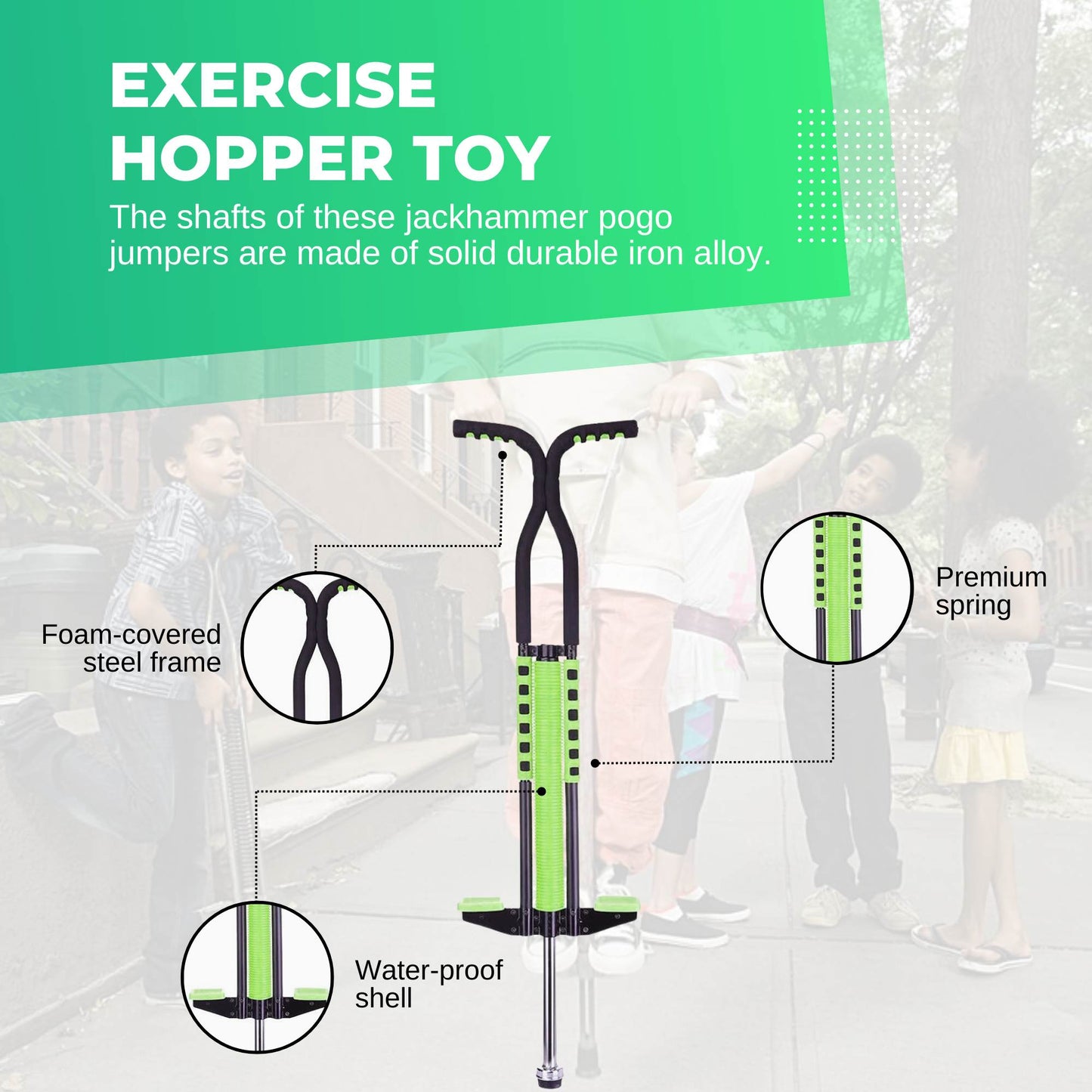 Green Pogo Stick Kids - Childrens Jumping Jackhammer Exercise Hopper Toy-3