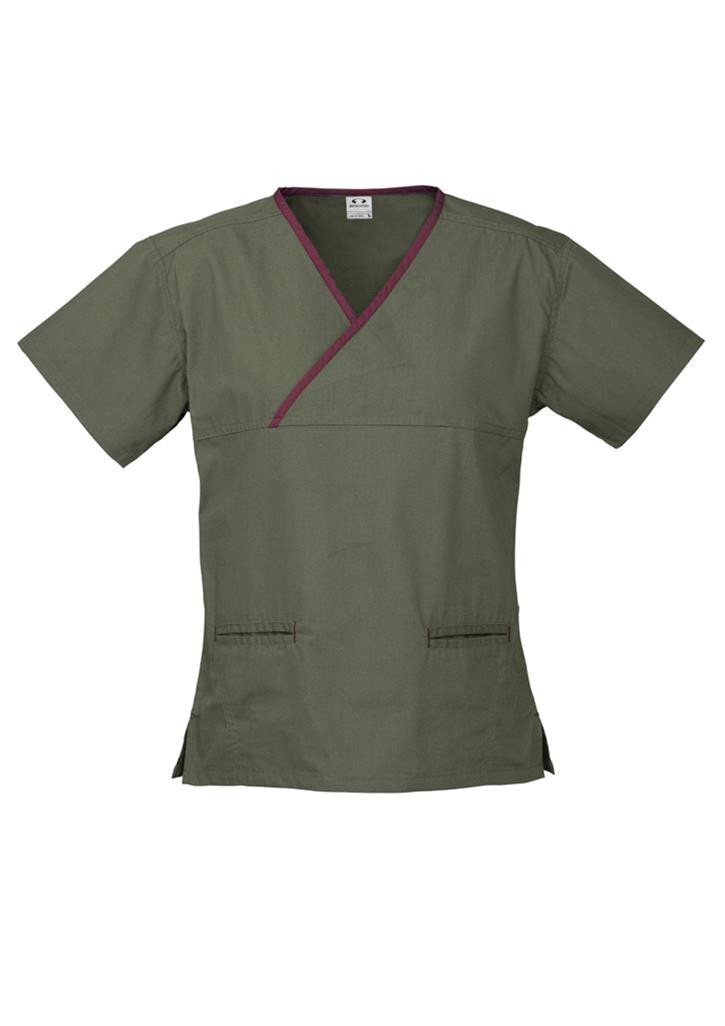 Contrast Womens V-Neck Scrubs Top Ladies Hospital Dentist Nurse Uniform - Sage/Maroon-5