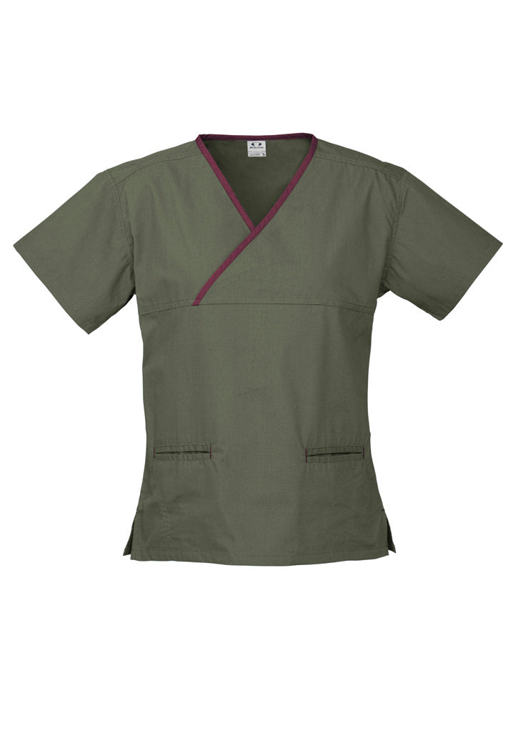 Contrast Womens V-Neck Scrubs Top Ladies Hospital Dentist Nurse Uniform - Sage/Maroon-1