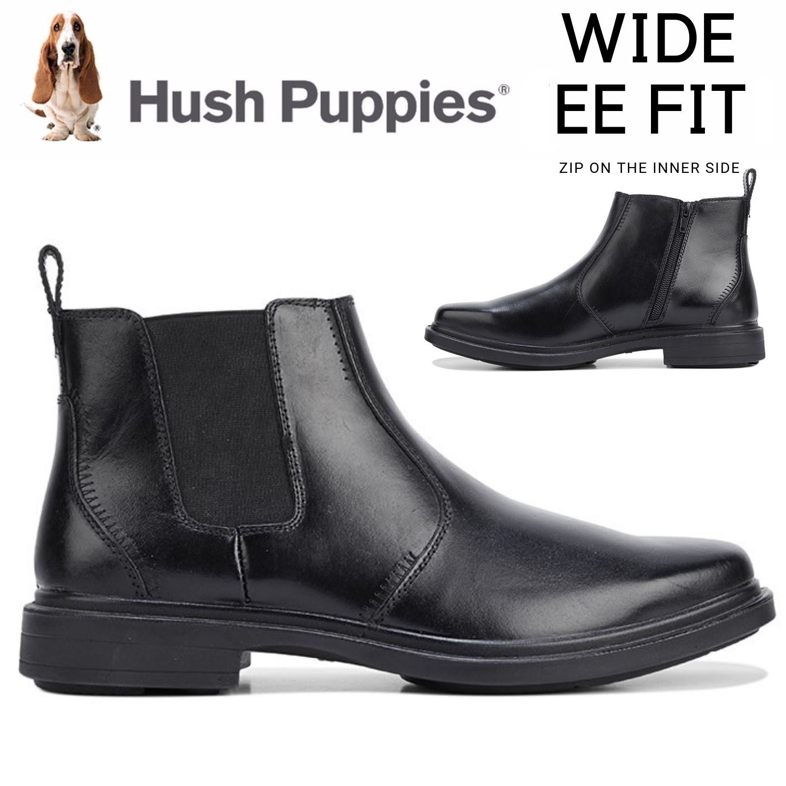 HUSH PUPPIES DEACON Mens Leather Boots Shoes Slip On Extra Wide Work Comfort-1