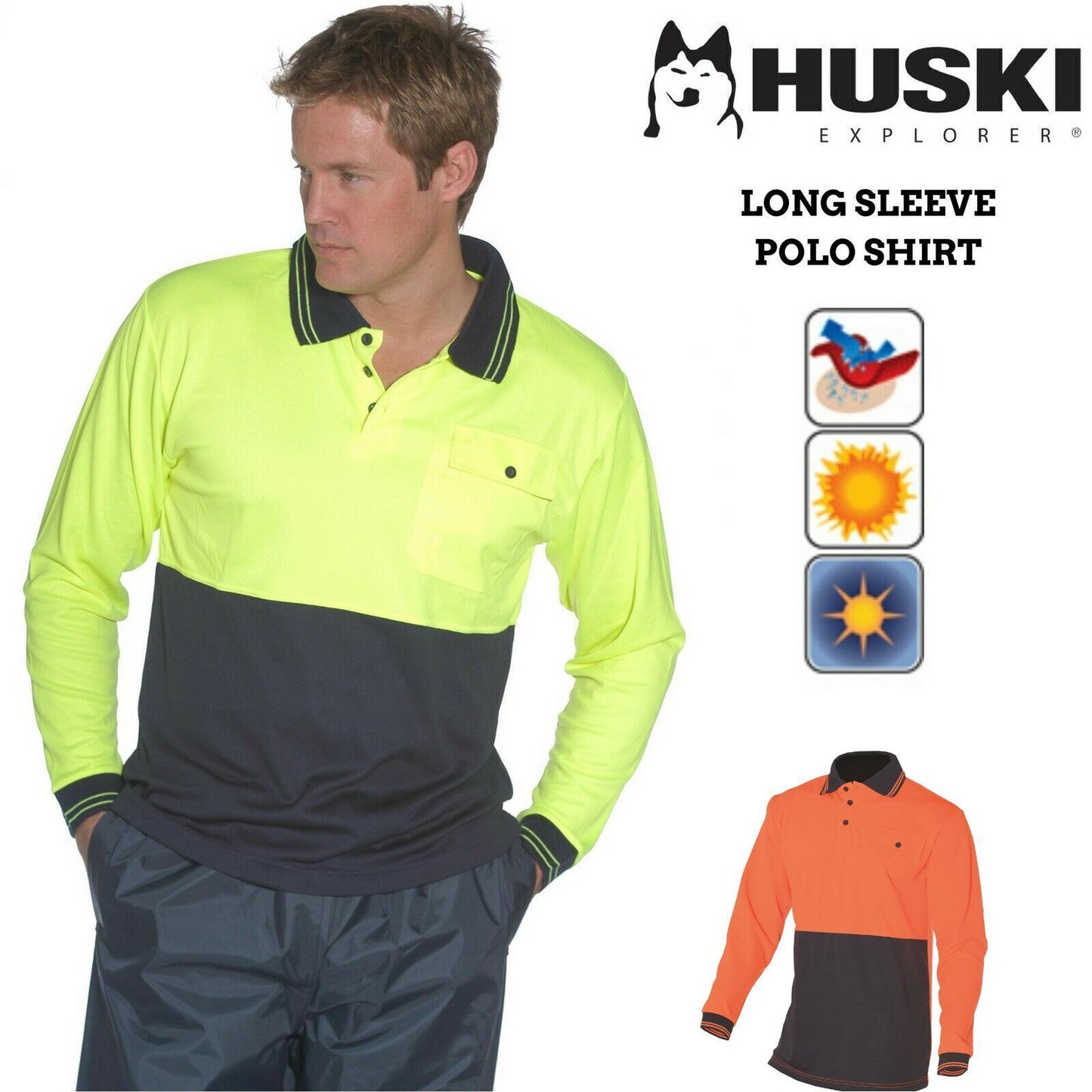 HUSKI Hi Vis Polo Shirt Long Sleeve Safety High Visibility Workwear Driver PPE-1