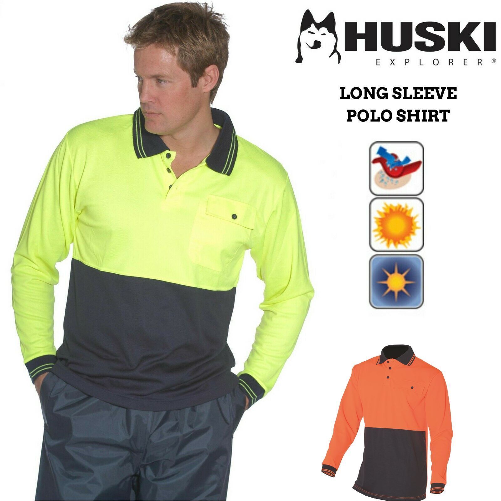 HUSKI Hi Vis Polo Shirt Long Sleeve Safety High Visibility Workwear Driver PPE-1