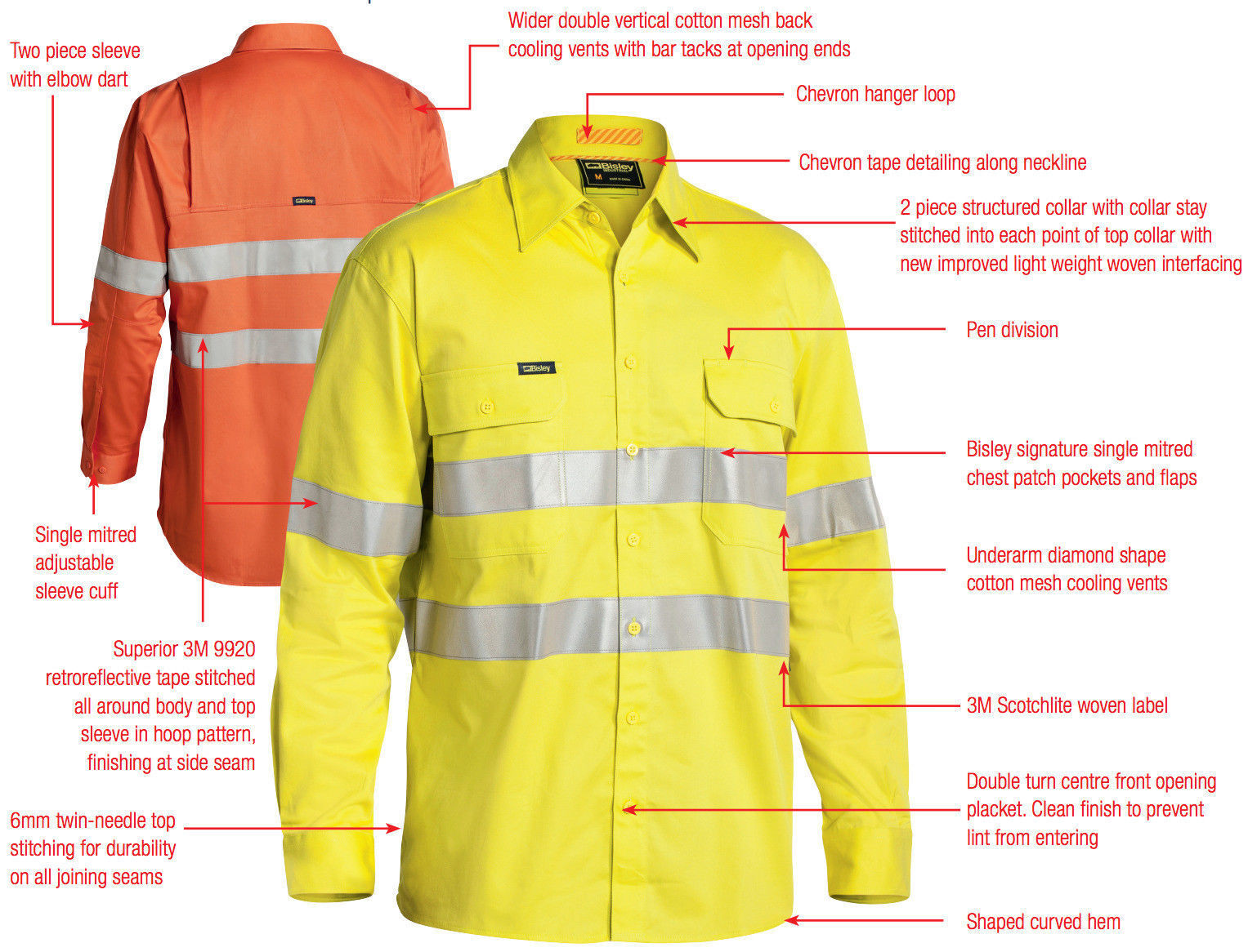 BISLEY 3M Taped Hi Vis Cool Vent Long Sleeve Industrial Shirt Workwear Cotton-2