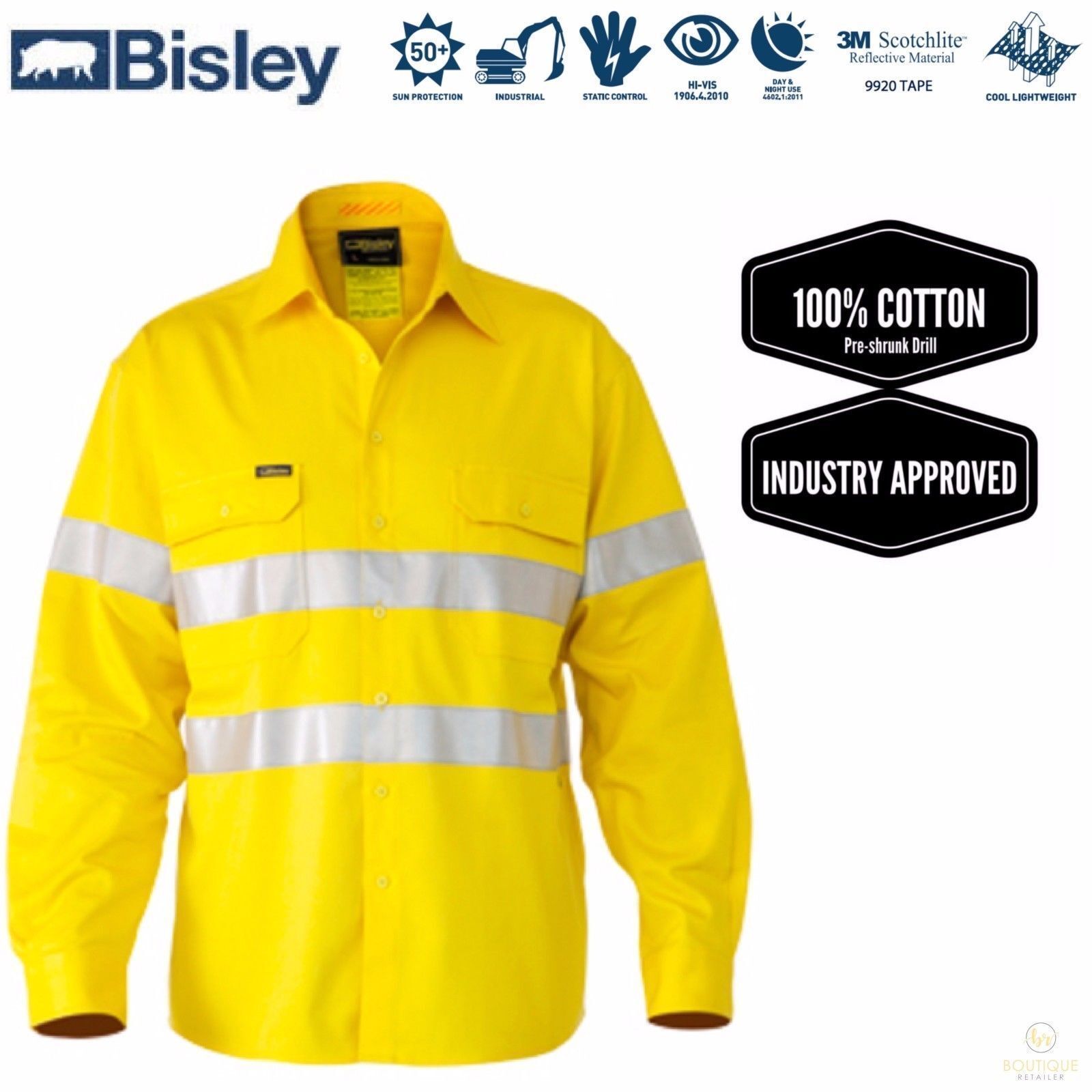 BISLEY 3M Taped Hi Vis Cool Vent Long Sleeve Industrial Shirt Workwear Cotton-1