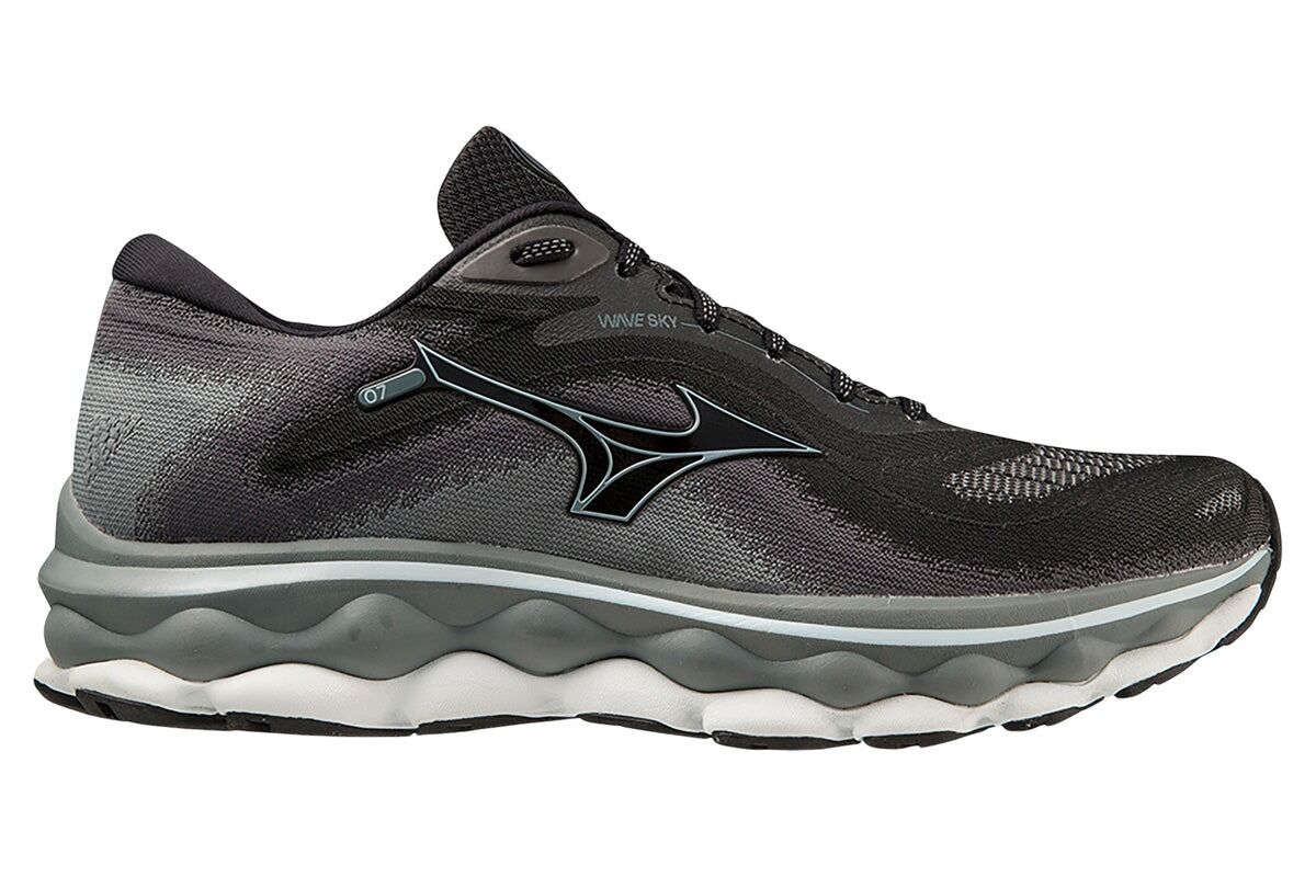 Mens Mizuno Wave Sky 7 2E Wide Black/Glacial Ridge/Stormy Weather, Size US 9.5