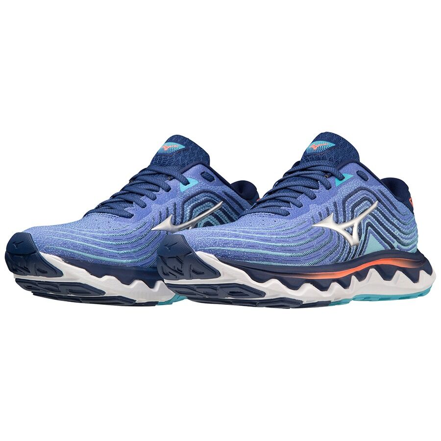 Mizuno Women's Wave Horizon 6 Running Shoes in Dazzling Blue/Silver/Neon Flame – Size US 7.5