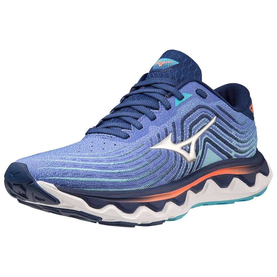 Mizuno Women's Wave Horizon 6 Running Shoes in Dazzling Blue/Silver/Neon Flame – Size US 7.5