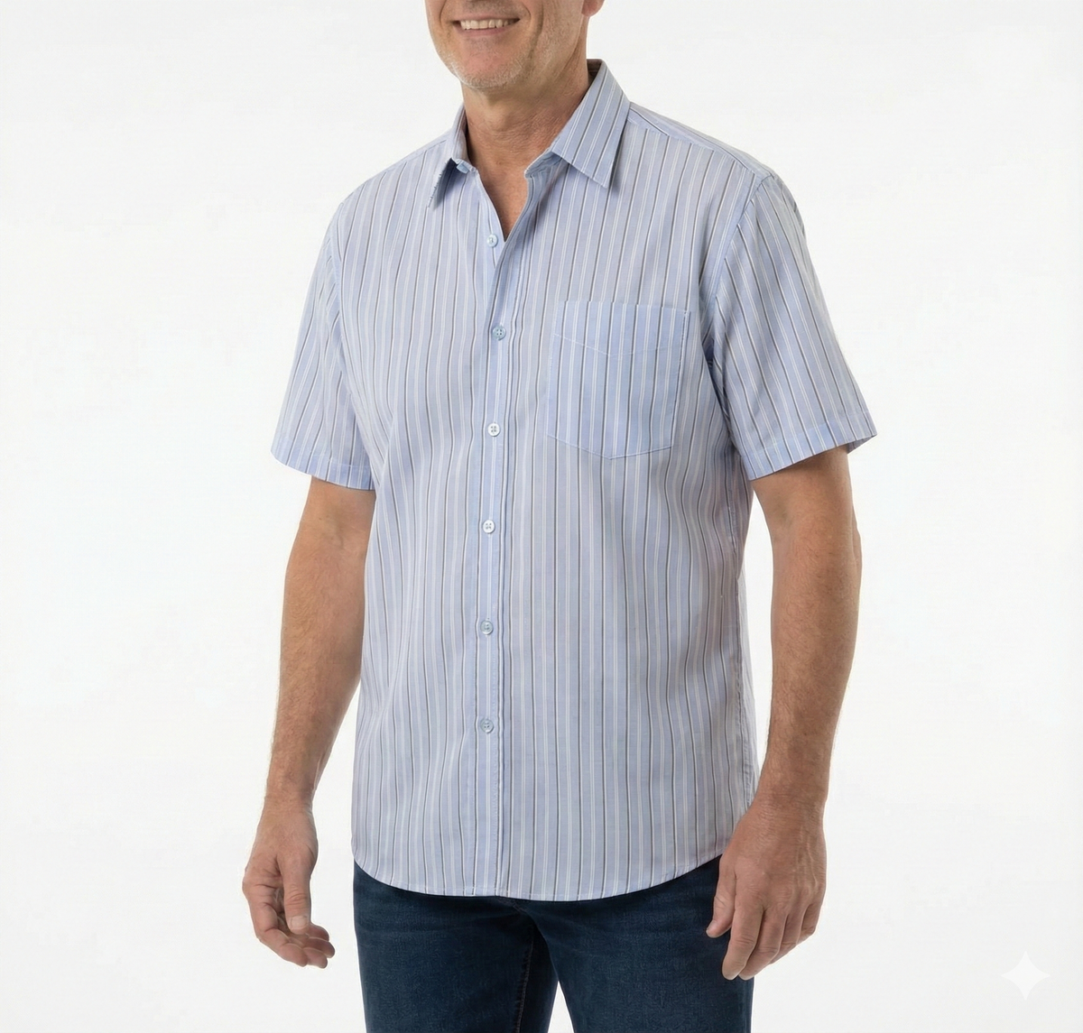 Mens 100% Cotton Button Up Short Sleeve Shirt in Blue Stripe