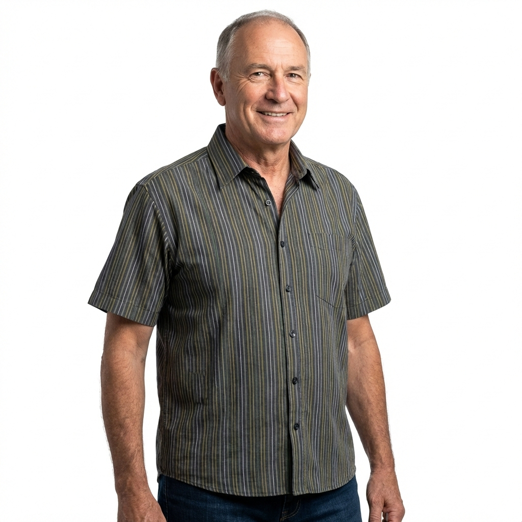 Mens 100% Cotton Button Up Short Sleeve Shirt in Charcoal w/ Assorted Stripes