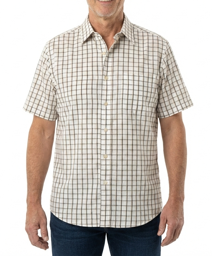 Mens 100% Cotton Button Up Short Sleeve Shirt in White Check