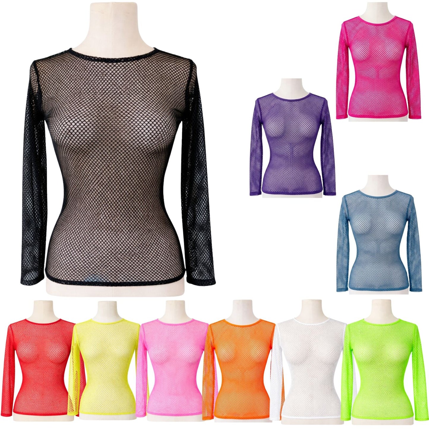 3x Womens Fishnet Mesh Tops Long Sleeve Sheer Stretch Costume - Assorted Pack
