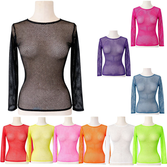3x Womens Fishnet Mesh Tops Long Sleeve Sheer Stretch Costume - Assorted Pack