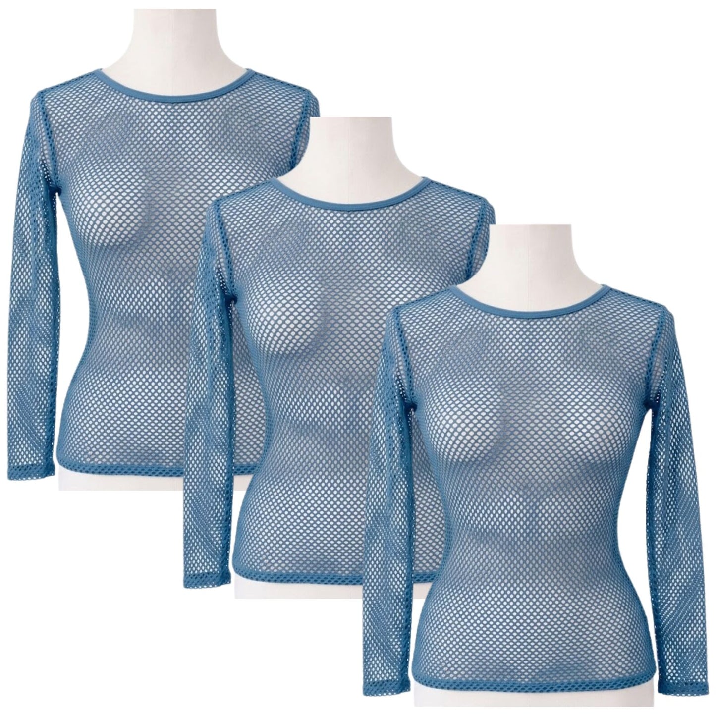 3x Womens Fishnet Mesh Top Long Sleeve Sheer Stretch See Through Costume - Blue