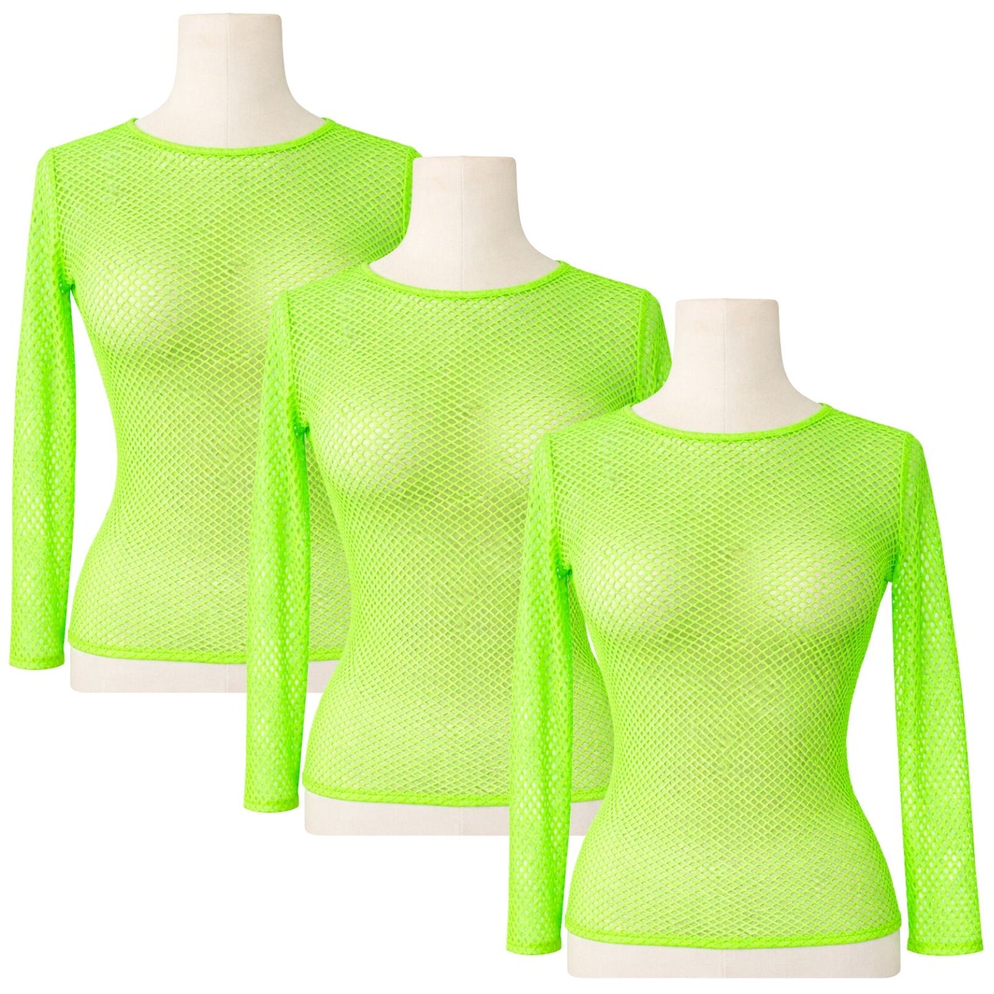 3x Womens Fishnet Mesh Tops Long Sleeve Sheer Stretch See Through - Fluro Green