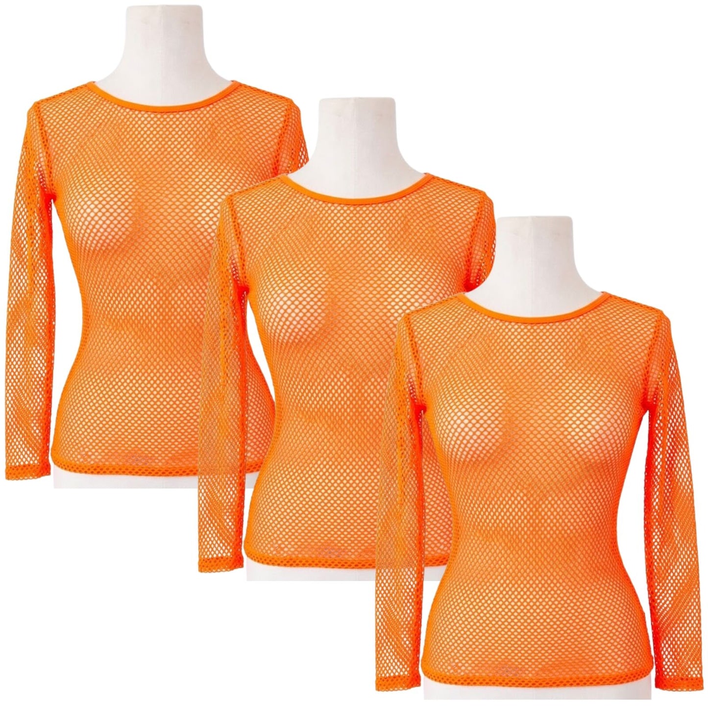 3x Womens Fishnet Mesh Tops Long Sleeve Sheer Stretch See Through - Fluro Orange