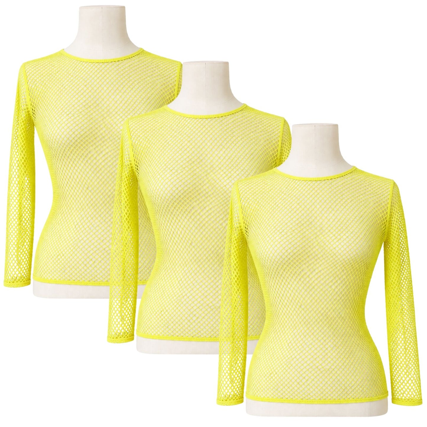 3x Womens Fishnet Mesh Tops Long Sleeve Sheer Stretch See Through - Fluro Yellow