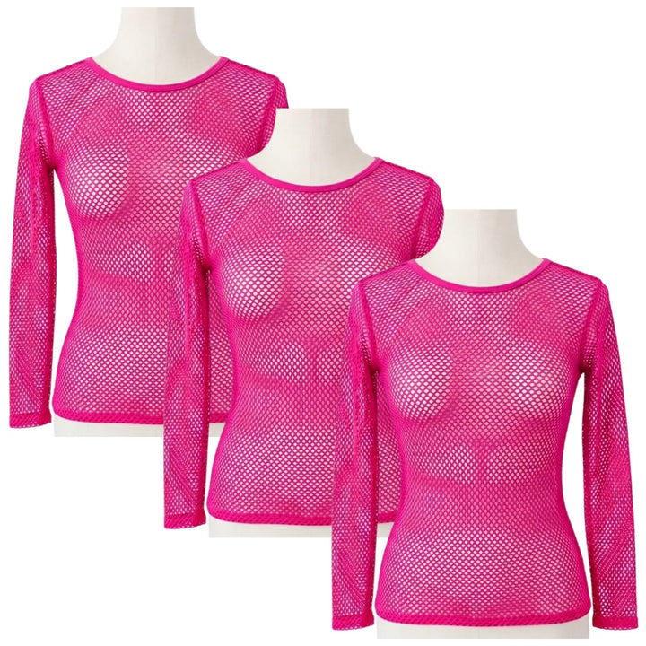 3x Womens Fishnet Mesh Tops Long Sleeve Sheer Stretch See Through - Hot Pink