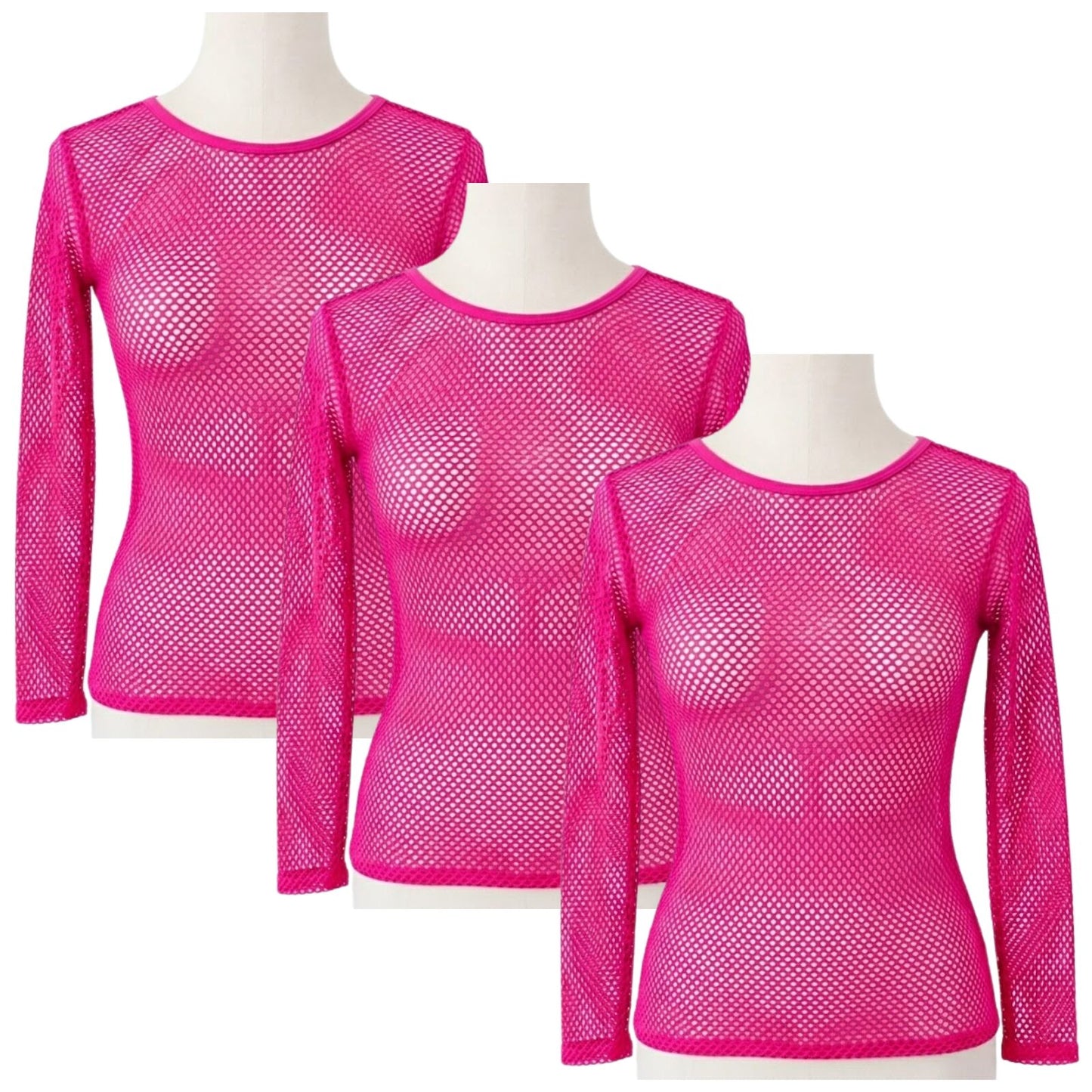 3x Womens Fishnet Mesh Tops Long Sleeve Sheer Stretch See Through - Hot Pink
