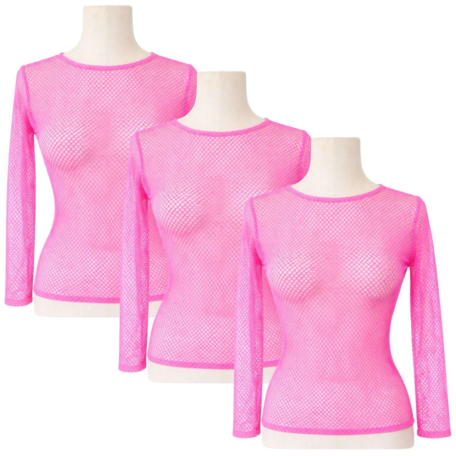 3x Womens Light Pink Fishnet Mesh Long Sleeve Sheer Top Bulk Pack - See Through Party Costume-0
