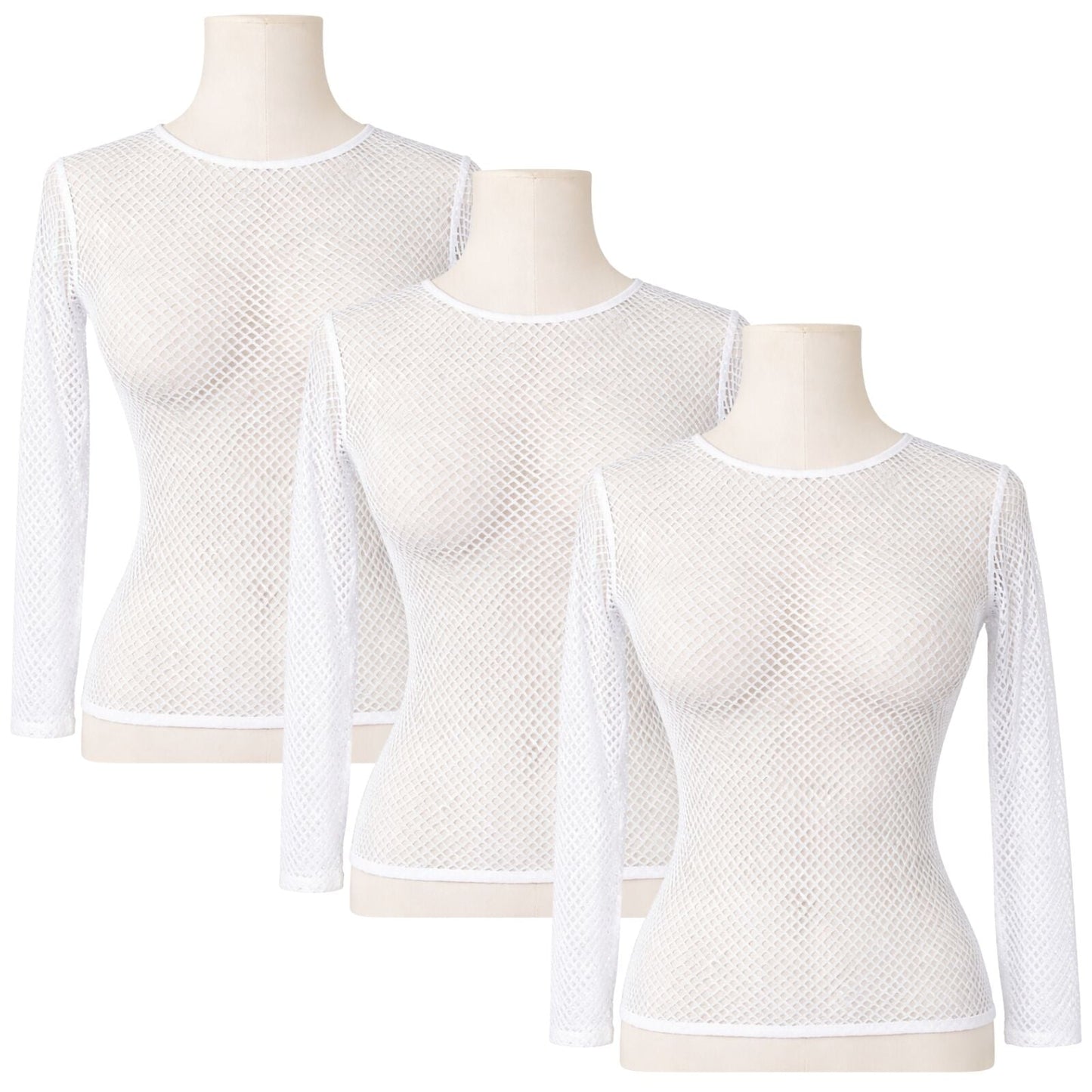 3x Womens Fishnet Mesh Top Long Sleeve Sheer Stretch See Through Costume - White