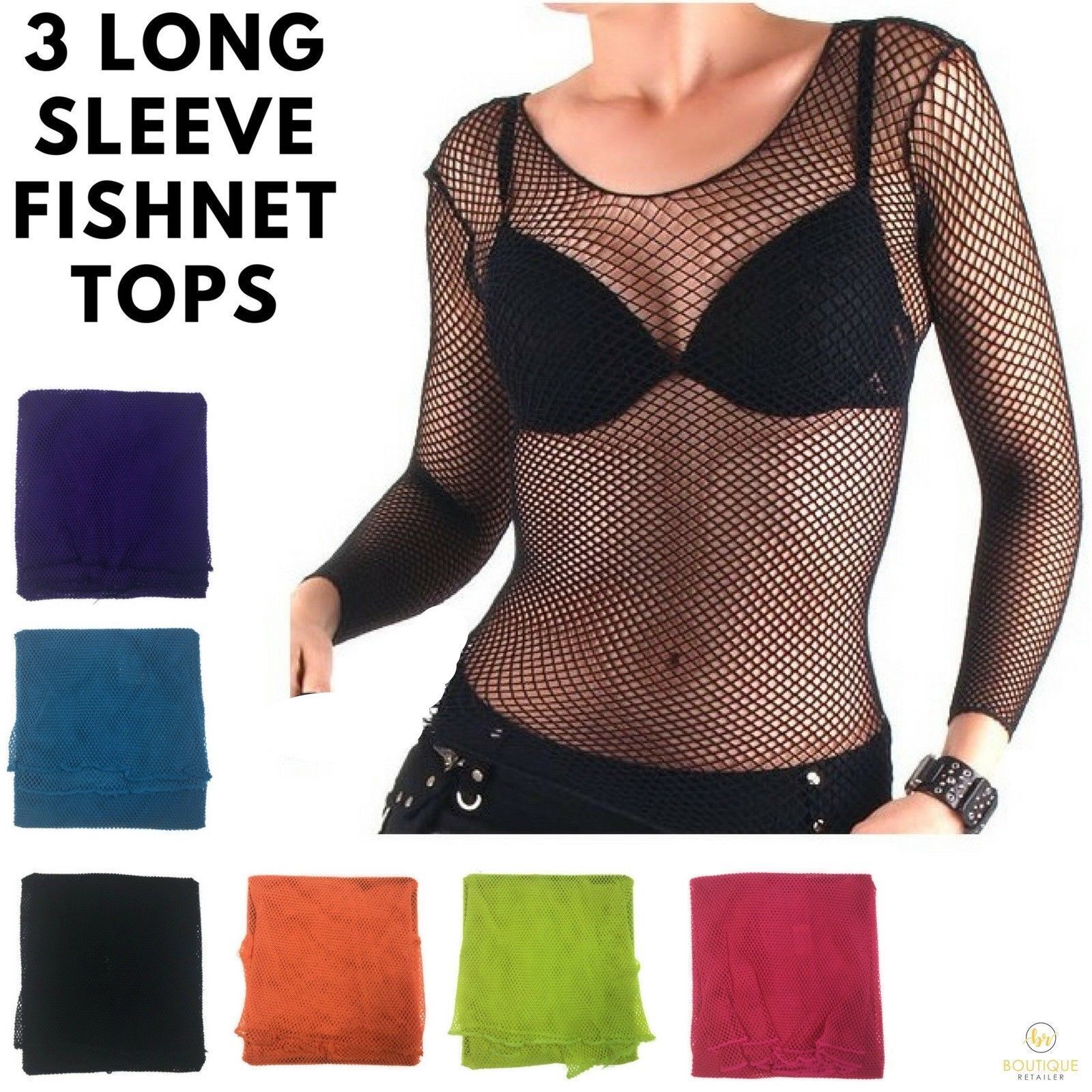 3x LONG SLEEVE FISHNET TOP Blouse T Shirt Tee Costume Party See Through-1