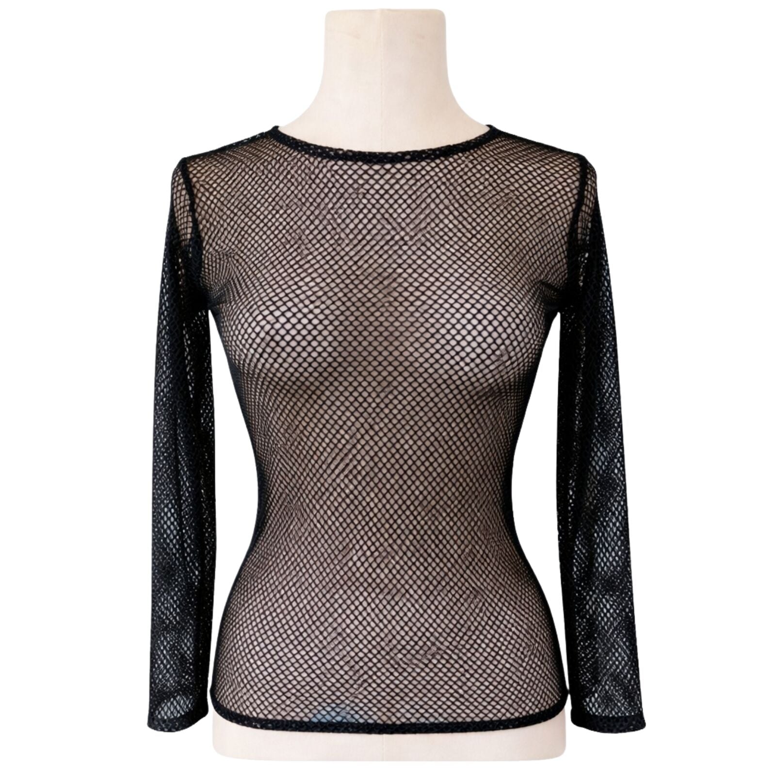 Womens Black Fishnet Mesh Long Sleeve Sheer Top - See Through Party Costume-0