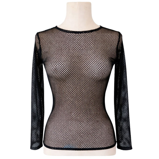 Womens Black Fishnet Mesh Long Sleeve Sheer Top - See Through Party Costume-0