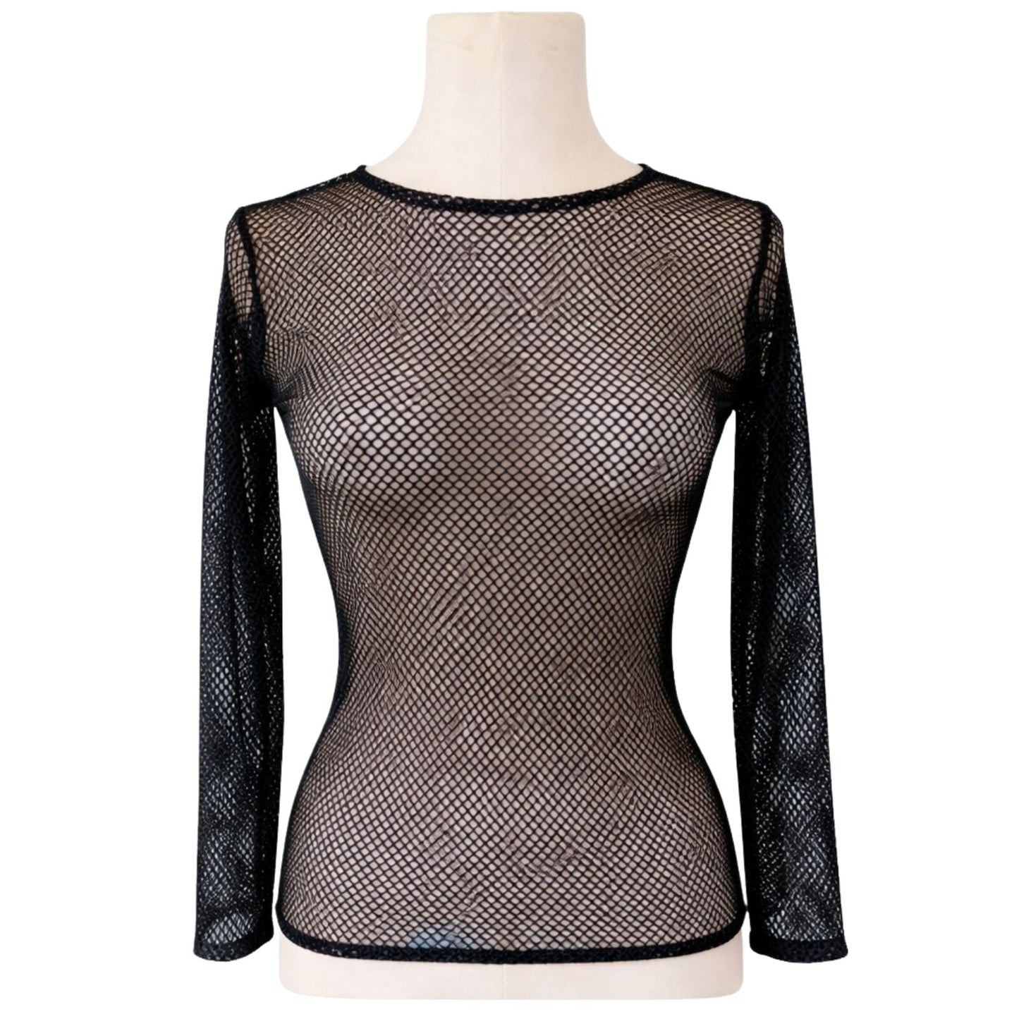 Womens Fishnet Mesh Top Long Sleeve Sheer See Through Party Costume - Black