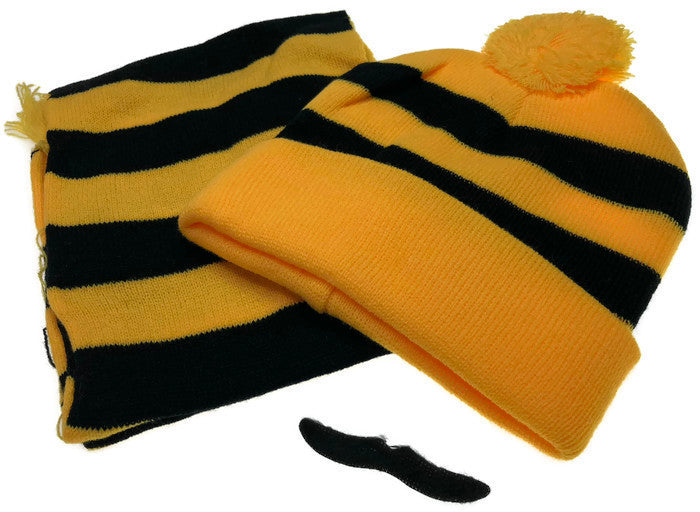 Tigers Beanie Hat & Scarf Set Party Costume w Moustache Warm Winter - Black/Yellow Stripe-2