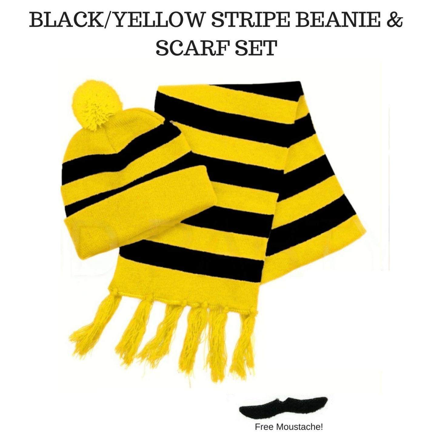 Tigers Beanie Hat & Scarf Set Party Costume w Moustache Warm Winter - Black/Yellow Stripe-1