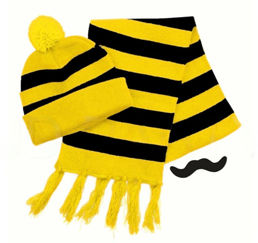 Tigers Beanie Hat & Scarf Set Party Costume w Moustache Warm Winter - Black/Yellow Stripe-0