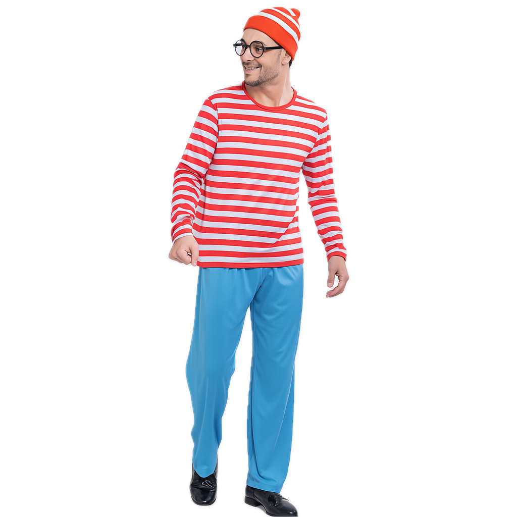 Mens Red & White Stripe COSTUME FULL SET Party Hat Shirt Top Pants Book Week Halloween