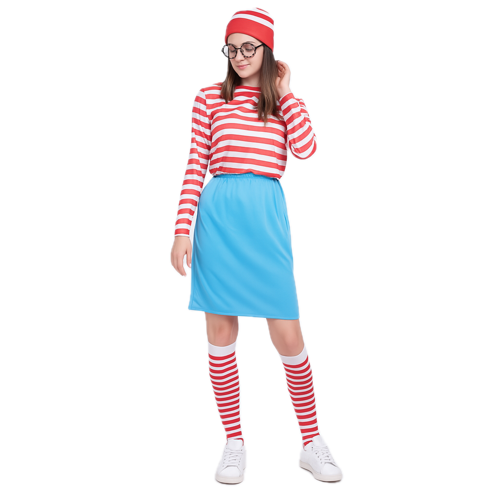 Womens Red & White Stripe COSTUME FULL SET Party Hat Shirt Top Pants Ladies Book Week Halloween