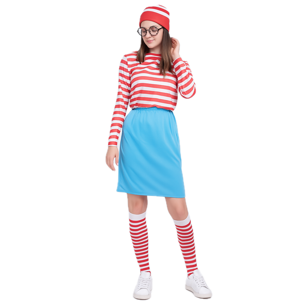 Womens Red & White Stripe COSTUME FULL SET Party Hat Shirt Top Pants Ladies Book Week Halloween-0