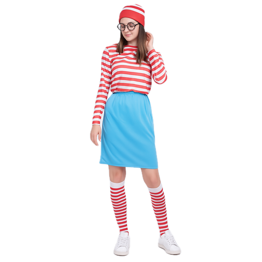 Womens Red & White Stripe COSTUME FULL SET Party Hat Shirt Top Pants Ladies Book Week Halloween-0