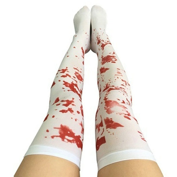 Bloody Over Knee White Socks + Fake Blood Gel Set Halloween Zombie Vampire Party