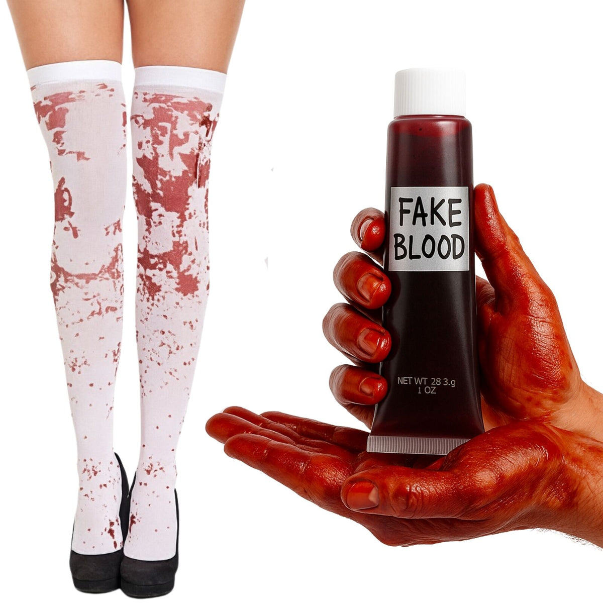 Bloody Over Knee White Socks + Fake Blood Gel Set Halloween Zombie Vampire Party