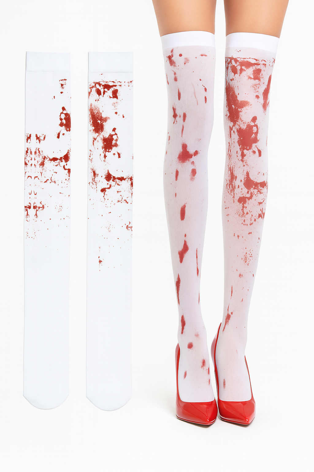 OVER THE KNEE SOCKS Fake Red Blood Stained Bloody Halloween Costume White Horror