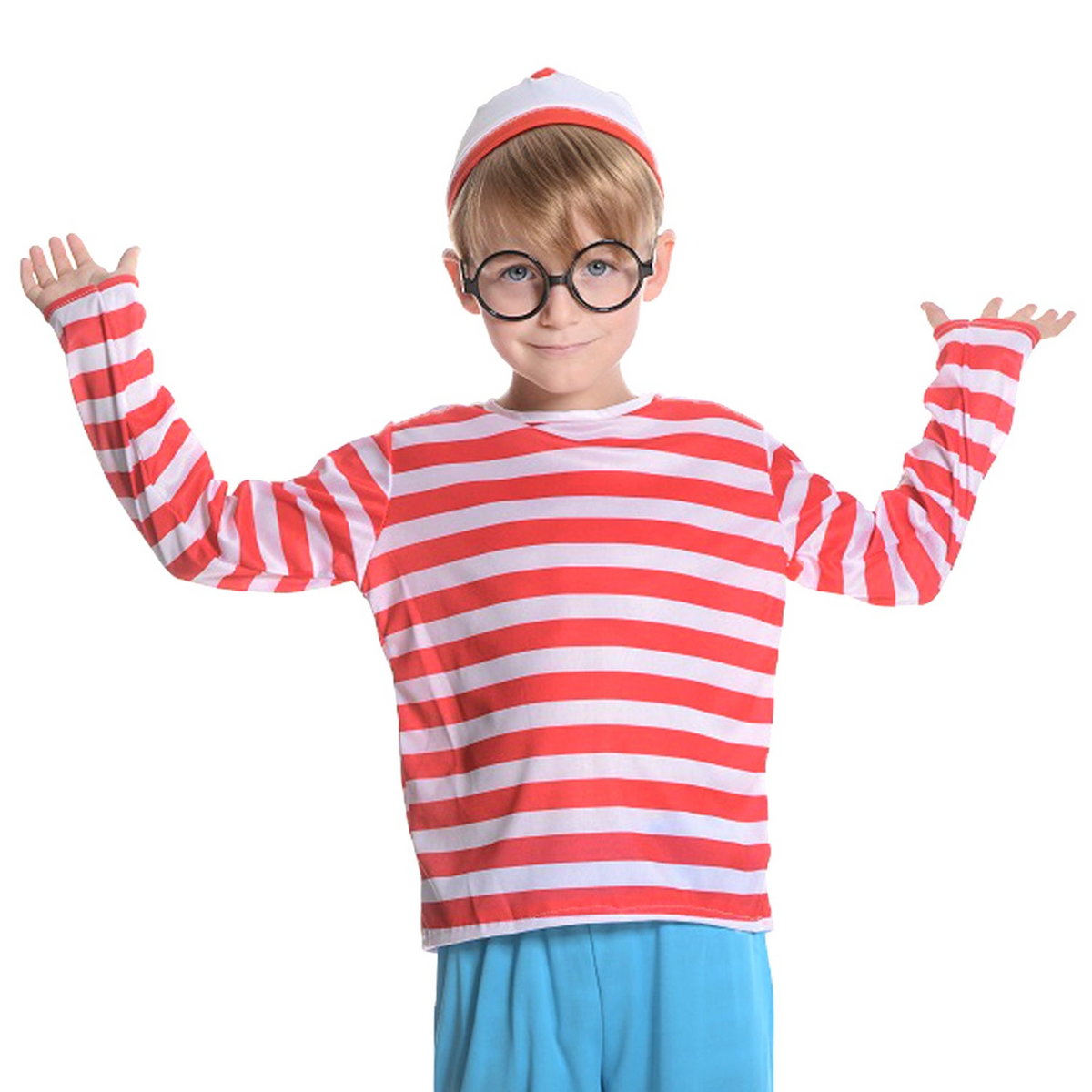 Kids Red & White Stripe Costume Full Set Party Hat Shirt Top Pants Boys Book Week Halloween