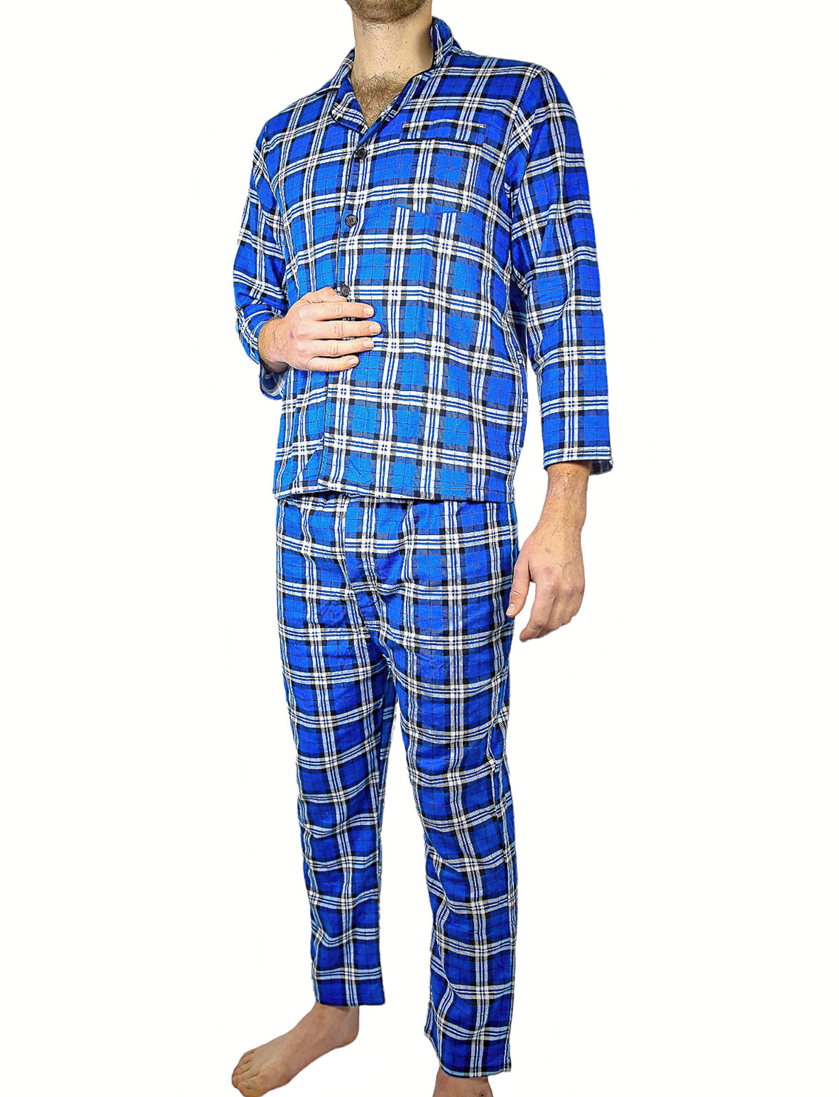 Mens Flannelette Pyjama Set - Blue (100% Cotton Two-Piece Long Sleeve Soft PJs)-8