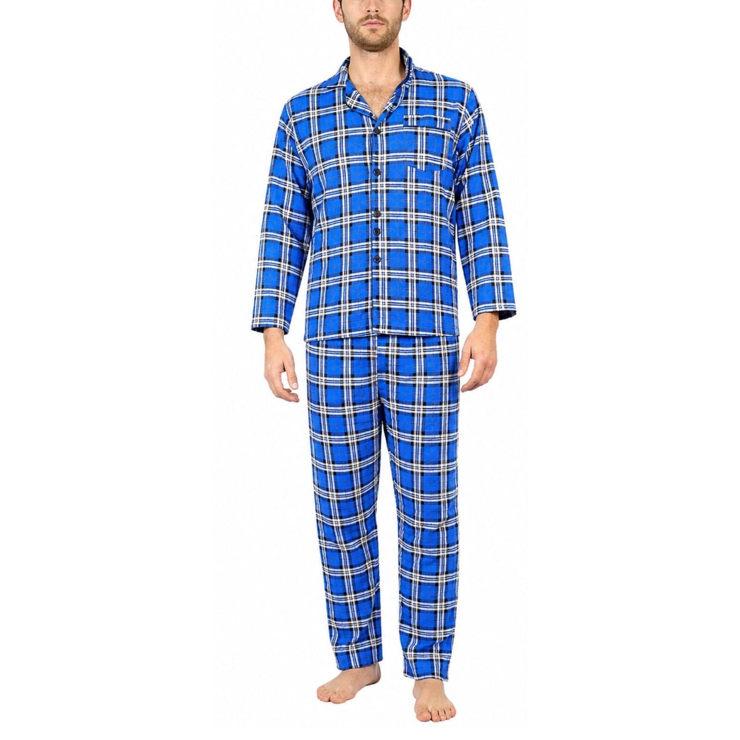 Mens Flannelette Pyjama Set - Blue (100% Cotton Two-Piece Long Sleeve Soft PJs)-1