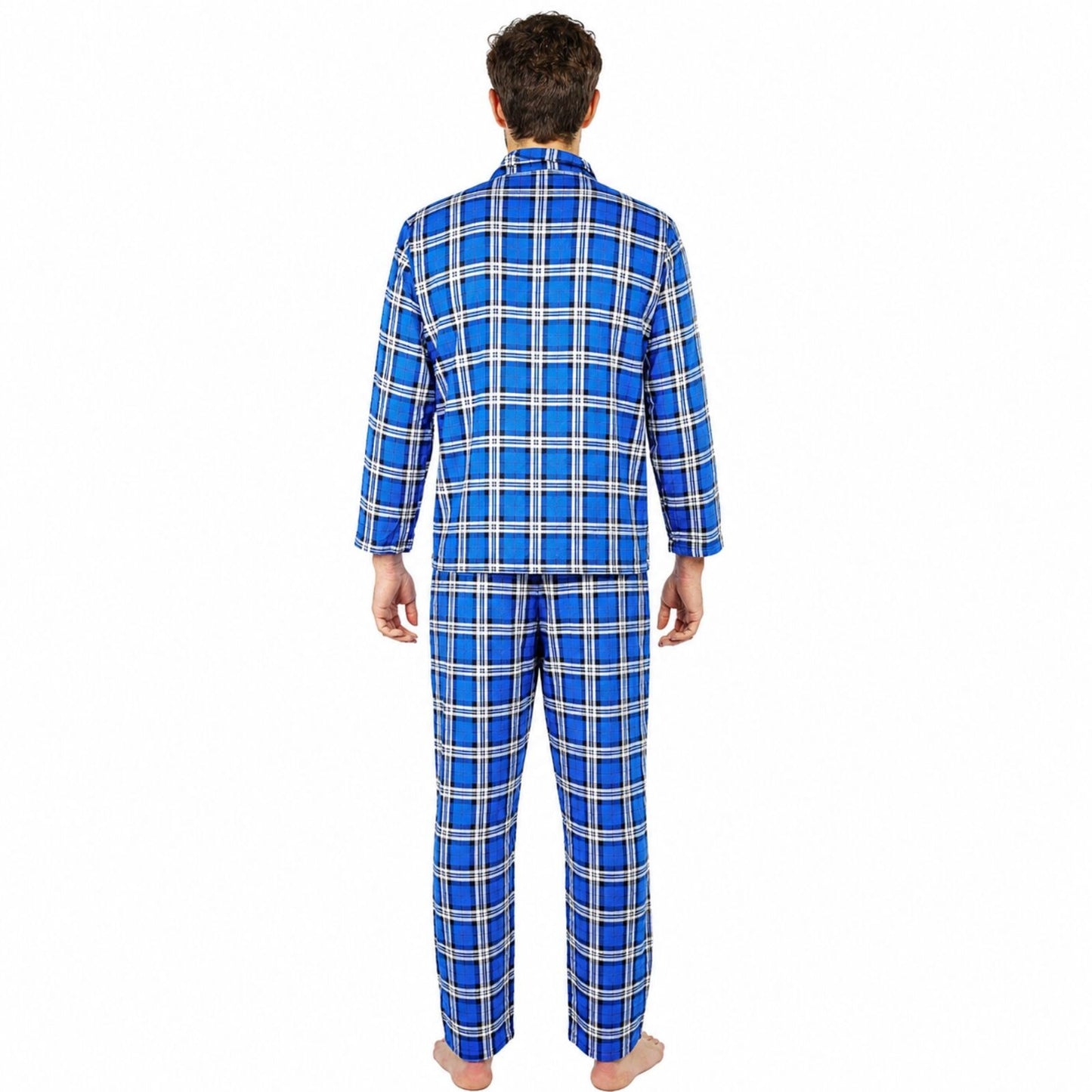 Mens Flannelette Pyjama Set - Blue (100% Cotton Two-Piece Long Sleeve Soft PJs)-4
