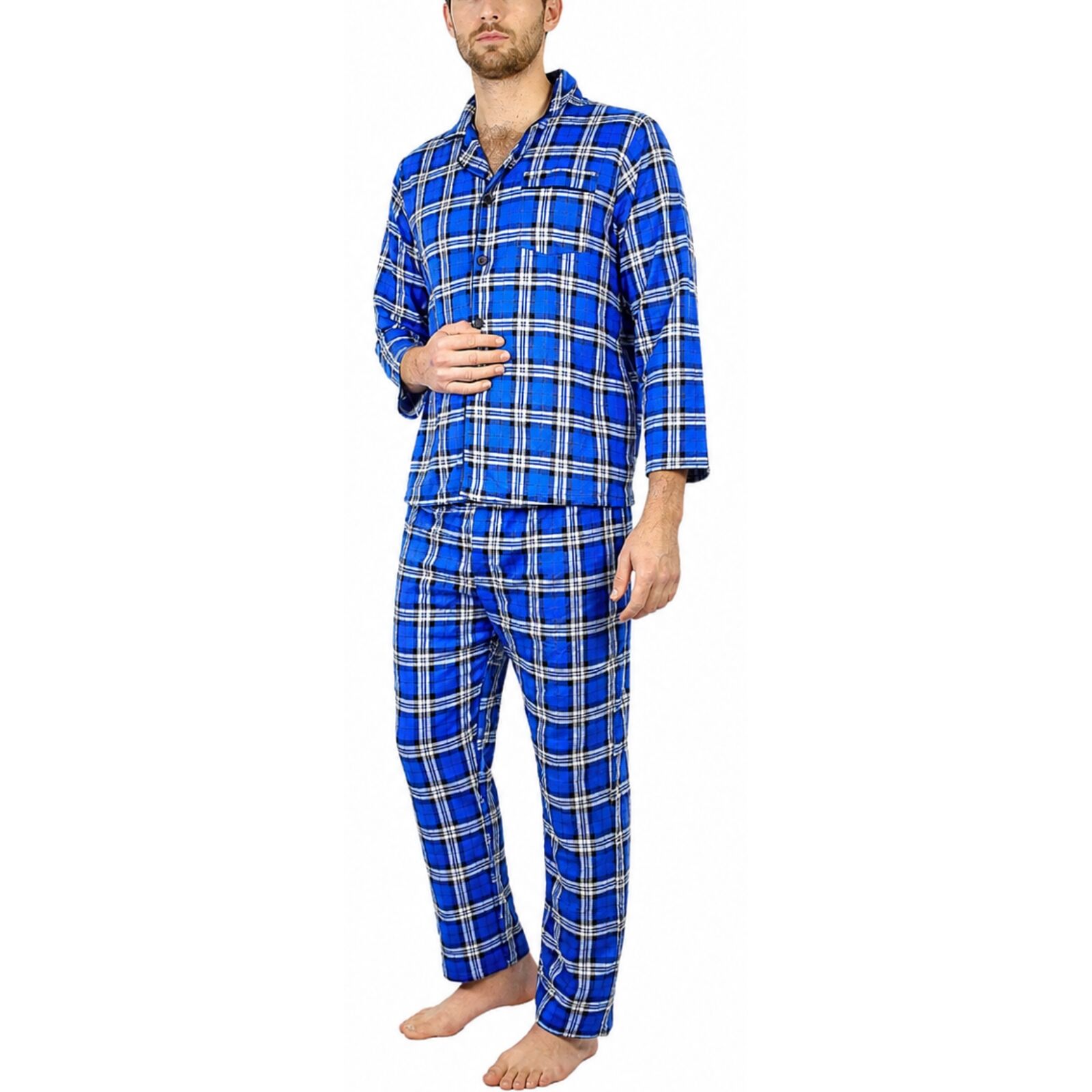 Mens Flannelette Pyjama Set - Blue (100% Cotton Two-Piece Long Sleeve Soft PJs)-3