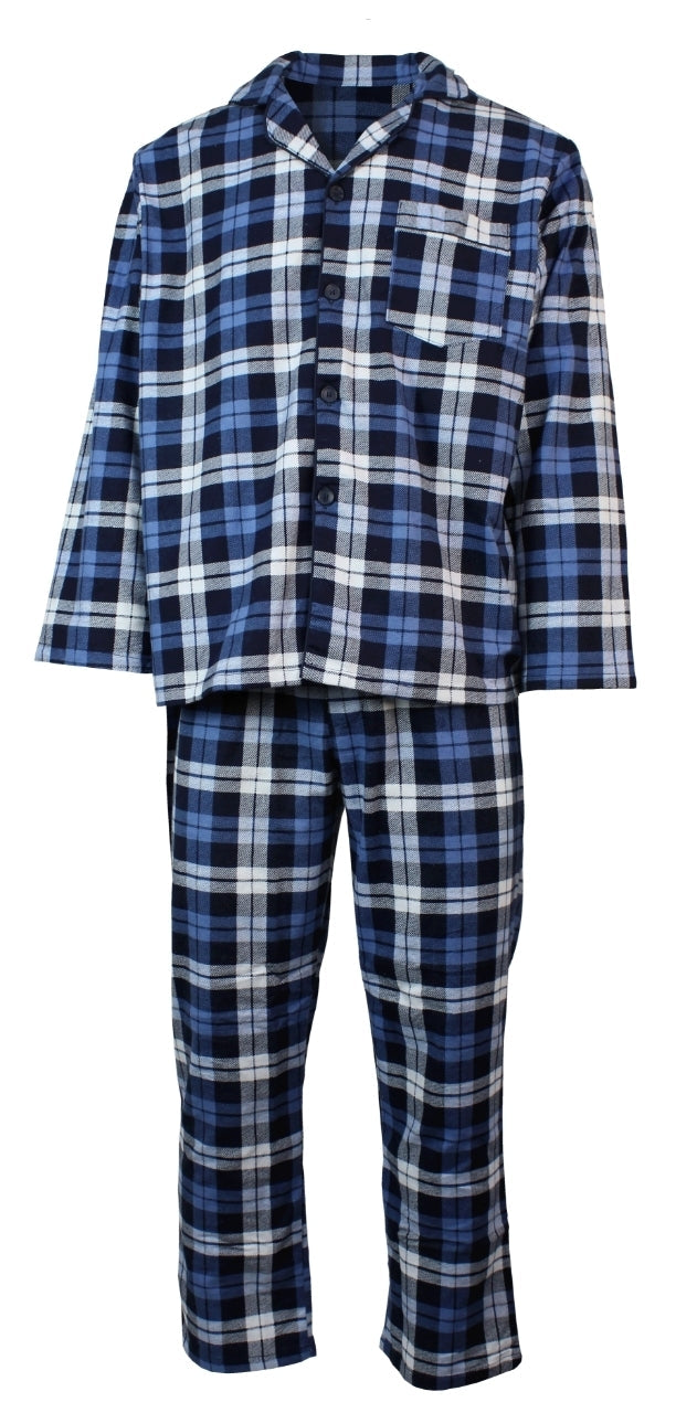 Mens Plus Size Flannelette Pyjamas 100% Cotton PJs Set Top Pants in Blue Check-1