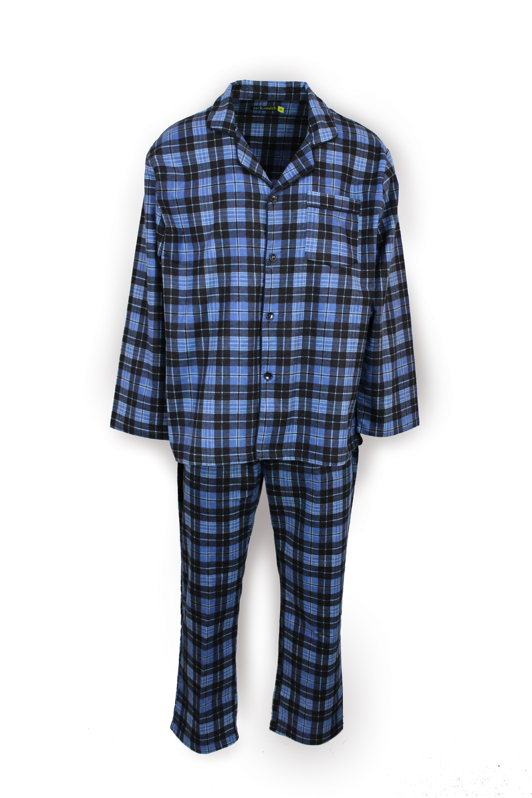 Mens Flannelette Pyjama Set Sleepwear Soft 100% Cotton PJs - Blue Check-0