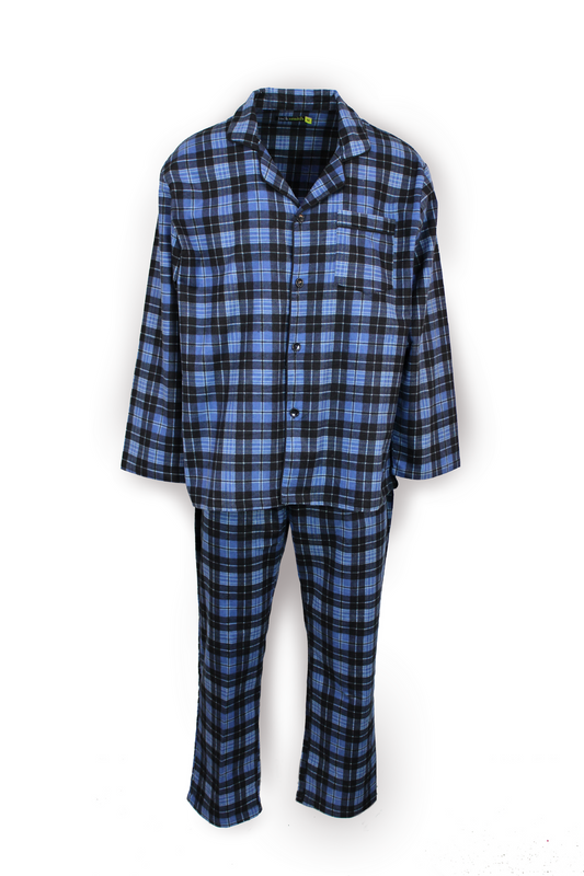 Mens Flannelette Pyjama Set Sleepwear Soft 100% Cotton PJs - Blue Check-0