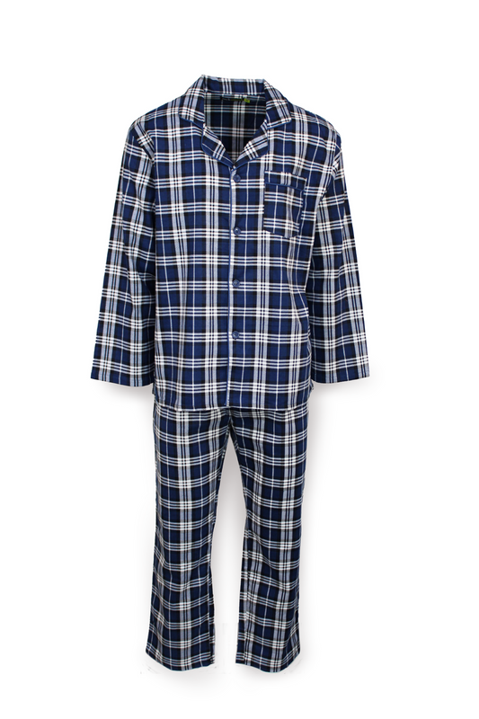 Mens Flannelette Pyjama Set Sleepwear Soft 100% Cotton PJs - Blue & White Check-0