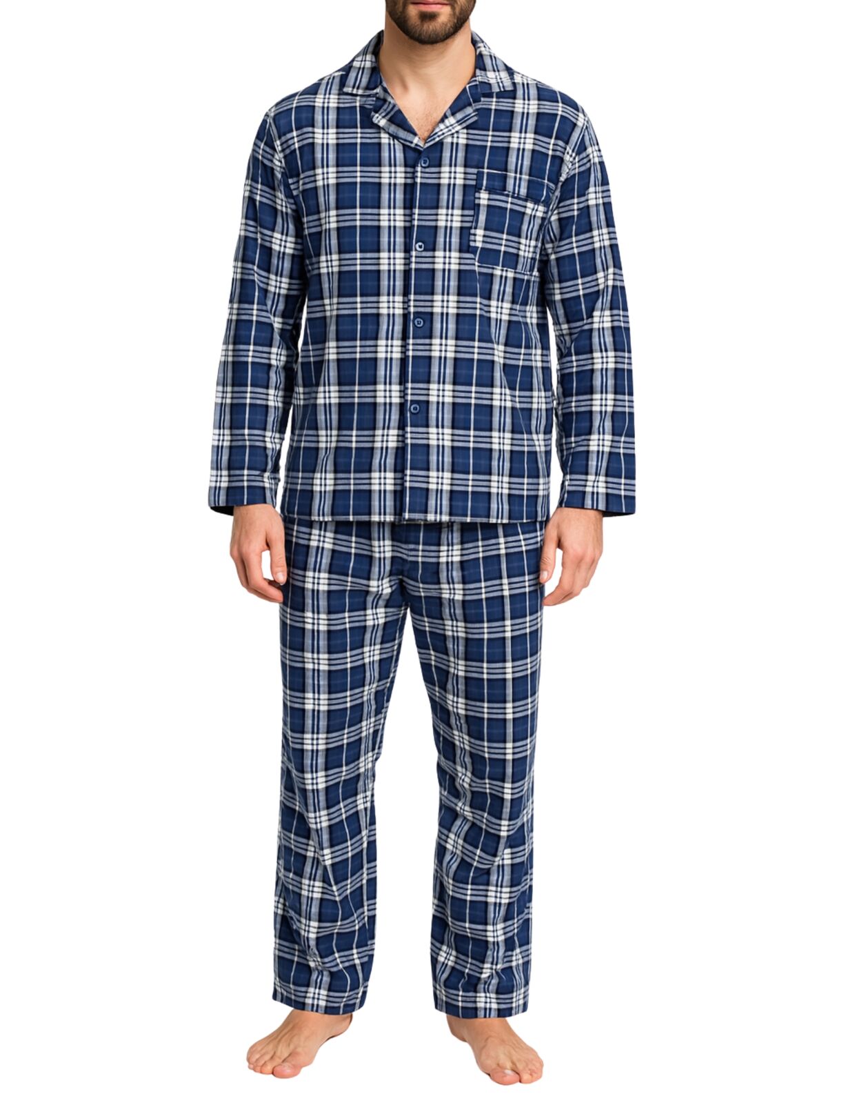 Mens Flannelette Pyjama Set - Blue/White Check (100% Cotton Two-Piece Soft PJs)-1
