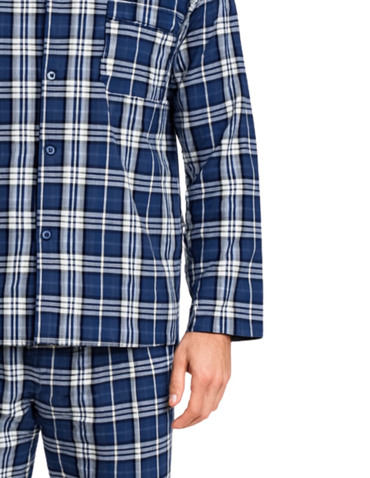 Mens Flannelette Pyjama Set - Blue/White Check (100% Cotton Two-Piece Soft PJs)-3